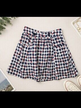 Tulle Anthropologie Navy, White & Red Geometric Mini Skirt 100% Cotton Pockets
